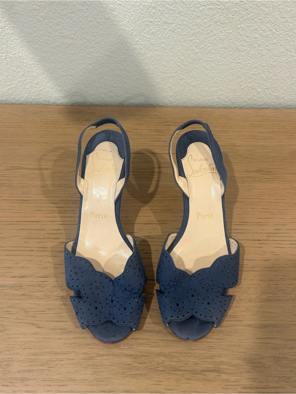 Christian Louboutin Navy Suede Peep-Toe Slingback Heels - VINTAGE